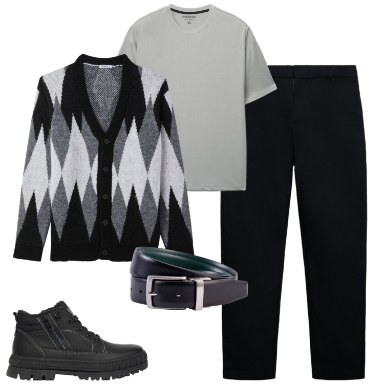 Outfit uomo - City. Stile Urban per Tutti i giorni. Abbinamento con cinture, cardigans, t-shirt, pantaloni chino, stivali e stivaletti.