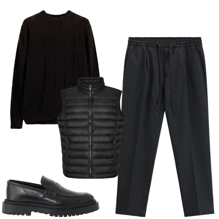 Outfit uomo - Black. Stile Urban per Tutti i giorni. Abbinamento con scarpe stringate, pantaloni, maglieria, piumini.