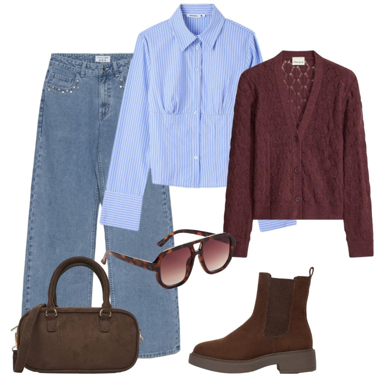 Outfit donna - cardigan e jeans. Stile Basic per Tutti i giorni. Abbinamento con stivaletti, cardigans, occhiali da sole, jeans, camicie, borse a tracolla.