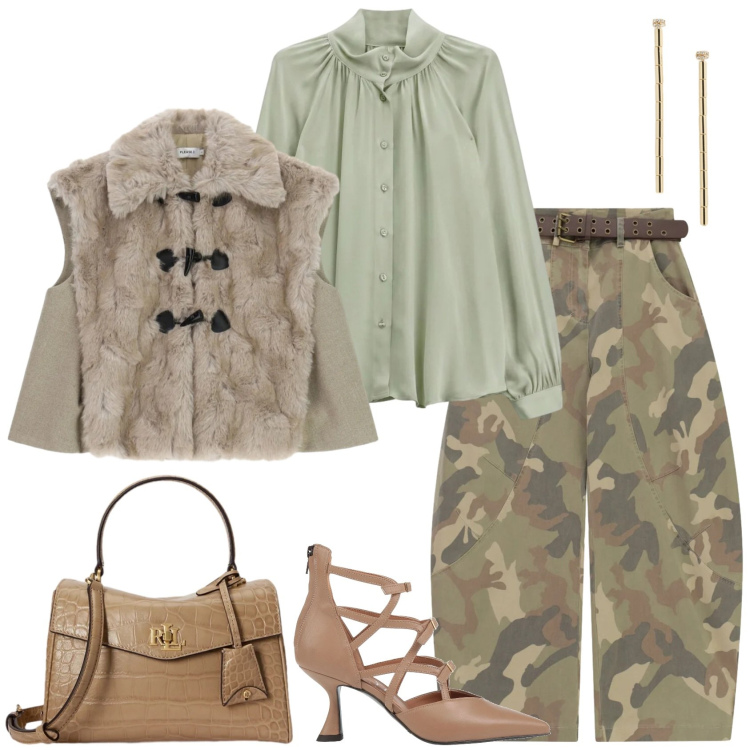 Outfit donna - Mimetica e décolleté. Stile Casual chic per Serata fuori. Abbinamento con décolleté, camicie, pantaloni a palazzo, gilet, orecchini, borse a mano.