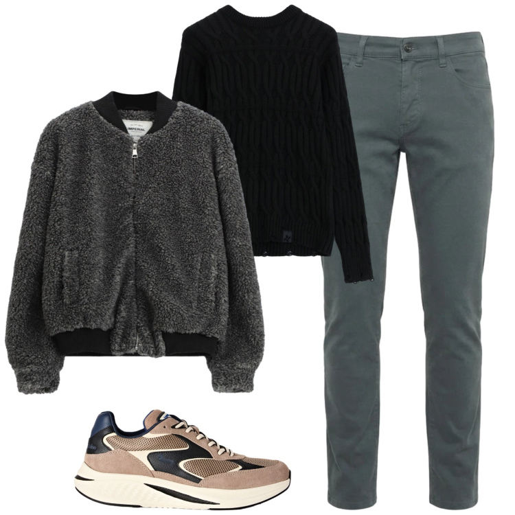 Outfit uomo - City. Stile Casual per Tutti i giorni. Abbinamento con jeans slim fit, sneakers, bomber, maglieria.