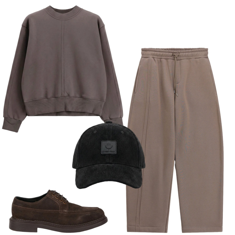 Outfit uomo - Fall. Stile Casual per Tutti i giorni. Abbinamento con pantaloni, felpe, scarpe stringate, cappelli con visiera.