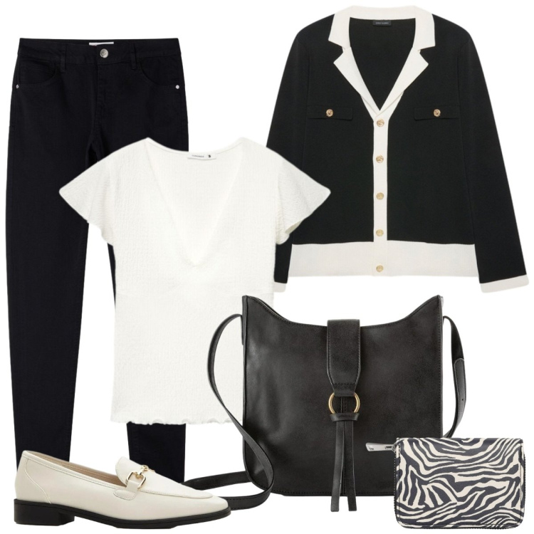 Outfit donna - Bianco nero. Stile Basic per Serata fuori. Abbinamento con cardigans, pantaloni skinny, portafogli, t-shirt, borse a tracolla, mocassini.