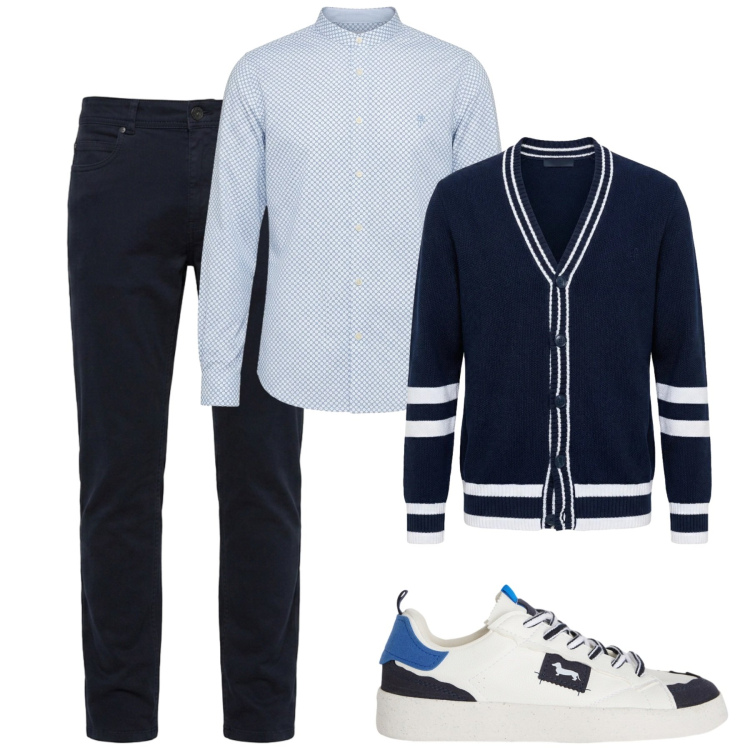 Outfit uomo - City. Stile Casual per Tutti i giorni. Abbinamento con pantaloni, sneakers, cardigans, camicie.