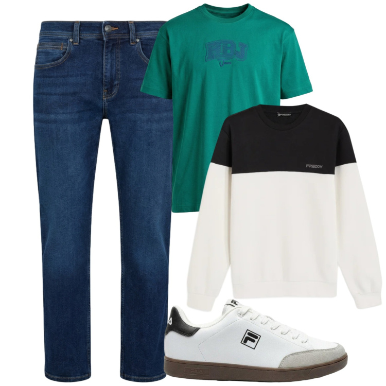 Outfit uomo - City. Stile Casual per Tutti i giorni. Abbinamento con jeans dritti, t-shirt, felpe, sneakers.