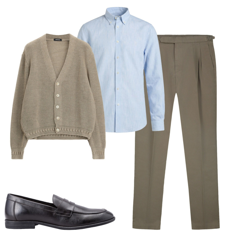 Outfit uomo - In ufficio. Stile Urban per Ufficio. Abbinamento con camicie, cardigans, pantaloni, scarpe stringate.