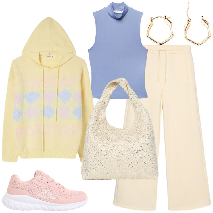 Outfit donna - Sporty. Stile Casual per Scuola/Università. Abbinamento con top, pantaloni, maglieria, borse a spalla, orecchini, sneakers.