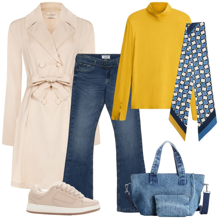 Outfit donna - La borsa di jeans. Stile Basic per Tutti i giorni. Abbinamento con foulard, trench, jeans a zampa, t-shirt, borse a mano, sneakers.