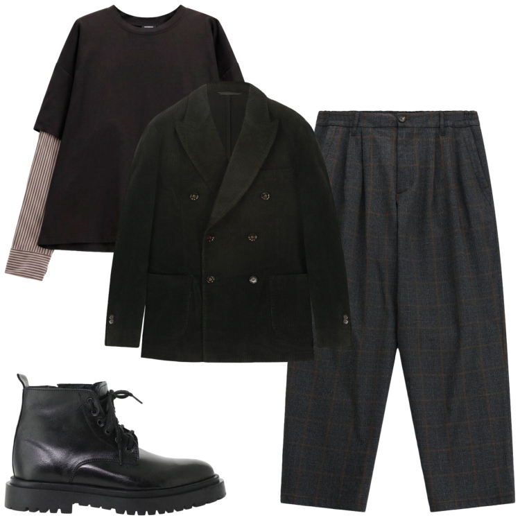 Outfit uomo - Total look #2480073. Stile Trendy per Tutti i giorni. Abbinamento con pantaloni, anfibi, t-shirt, giacche.