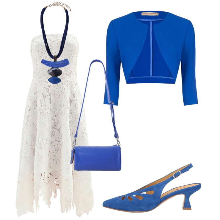 Outfit donna - Total look #2480078. Stile Romantica per Cerimonia. Abbinamento con décolleté, borse a tracolla, ciondoli, vestiti asimmetrici, blazer.
