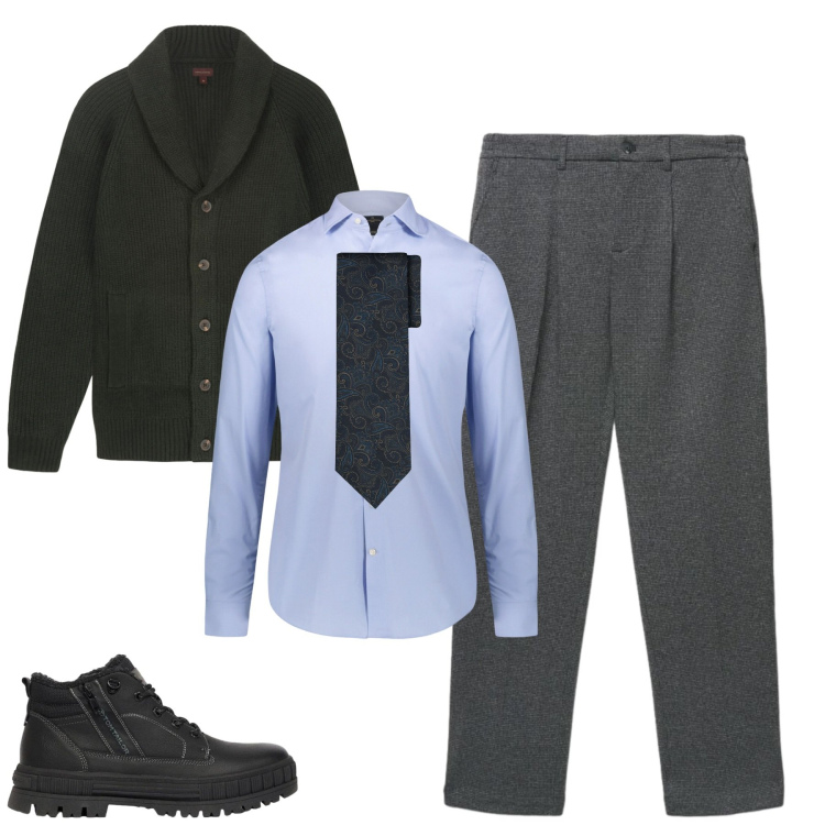 Outfit uomo - In ufficio. Stile Business/Elegante per Ufficio. Abbinamento con camicie, cardigans, cravatte, pantaloni chino, stivali e stivaletti.