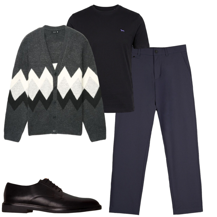 Outfit uomo - City. Stile Urban per Tutti i giorni. Abbinamento con t-shirt, scarpe stringate, pantaloni chino, cardigans.