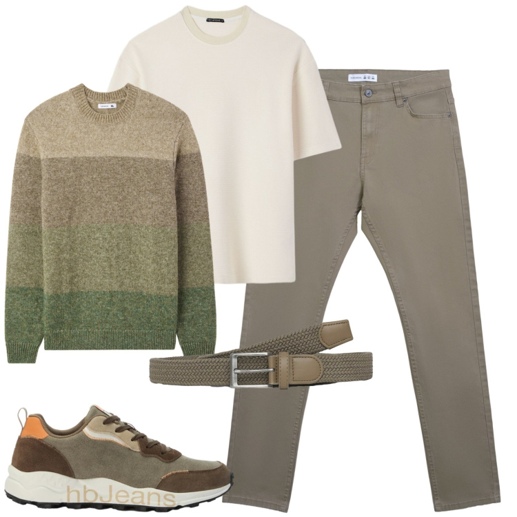 Outfit uomo - Primi maglioncini. Stile Casual per Tutti i giorni. Abbinamento con sneakers, pantaloni skinny, maglieria, cinture, t-shirt.