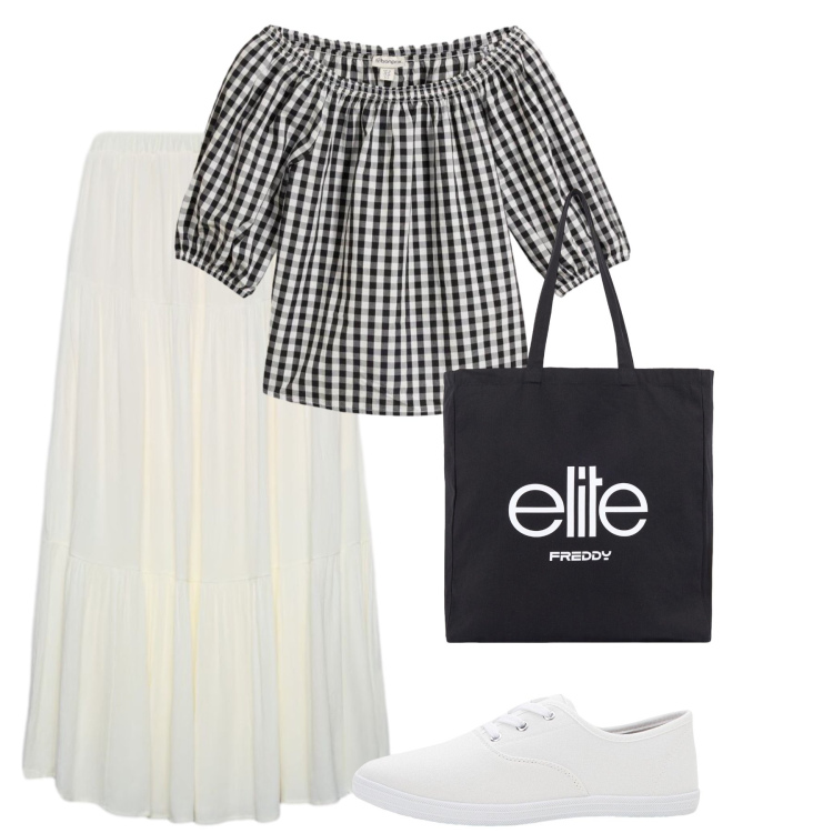 Outfit donna - Total look #2480093. Stile Vintage retrò per Tutti i giorni. Abbinamento con shopping bag, gonne lunghe, bluse, sneakers.