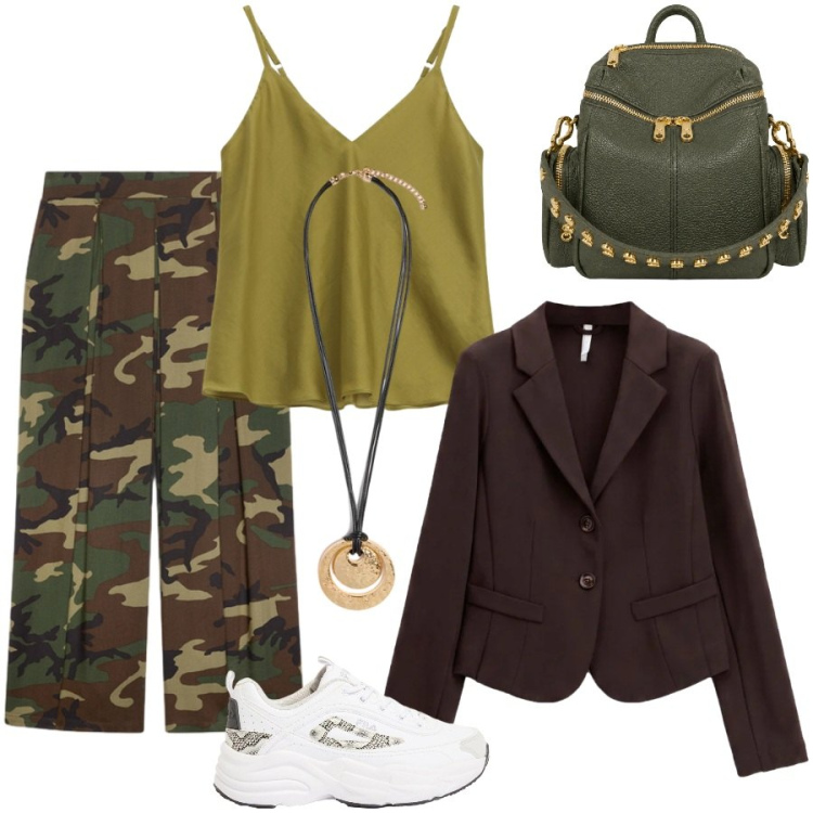 Outfit donna - Total look #2480094. Stile Military per Tutti i giorni. Abbinamento con ciondoli, pantaloni a palazzo, zaini, blazer, top, sneakers.