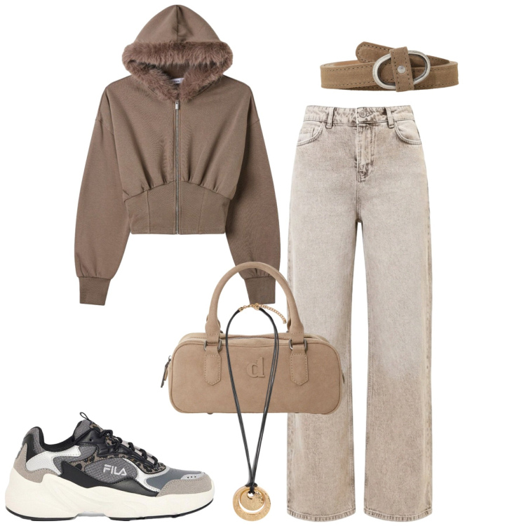 Outfit donna - La felpa crop. Stile Casual chic per Tutti i giorni. Abbinamento con ciondoli, jeans dritti, borse a mano, cinture, felpe con cappuccio, sneakers.