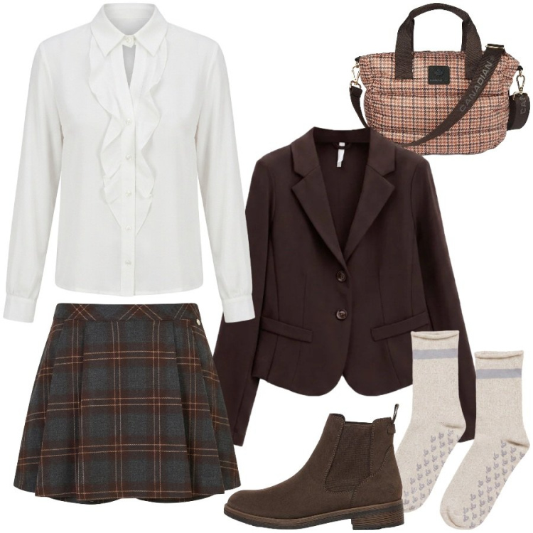 Outfit donna - College style. Stile Preppy per Scuola/Università. Abbinamento con blazer, calzini, minigonne, camicie, borse tote, stivaletti.