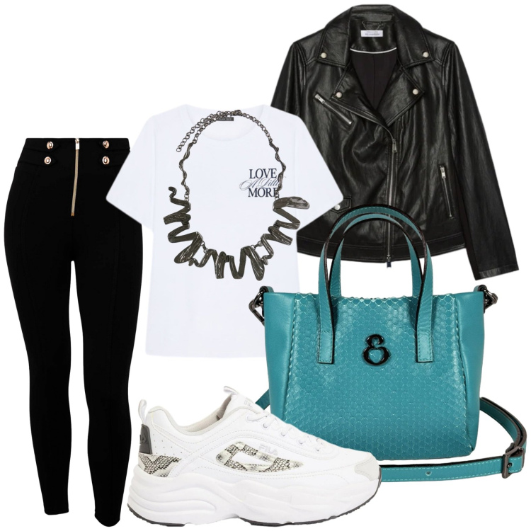 Outfit donna - Missione shopping. Stile Casual per Tutti i giorni. Abbinamento con sneakers, ciondoli, t-shirt, giacche, pantaloni skinny, borse a mano.