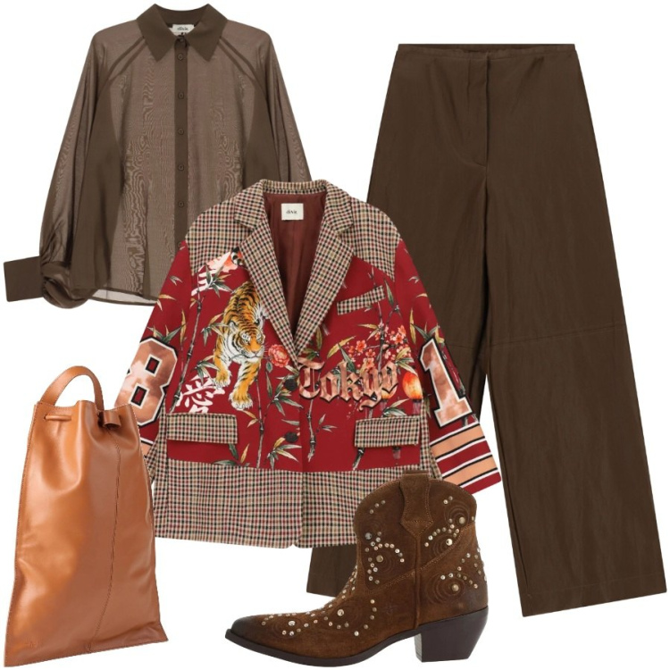 Outfit donna - La mia giacca e\' differente. Stile Trendy per Tutti i giorni. Abbinamento con zaini, stivaletti texani, camicie, pantaloni a palazzo, blazer.