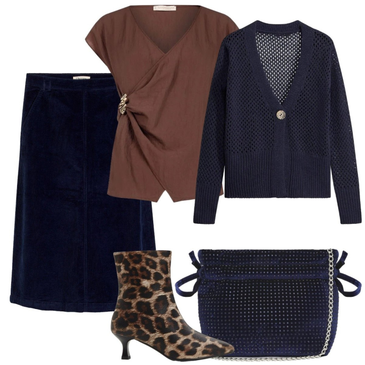 Outfit donna - Il tronchetto animalier. Stile Basic per Serata fuori. Abbinamento con stivaletti, gonne, cardigans, borse a secchiello, bluse.