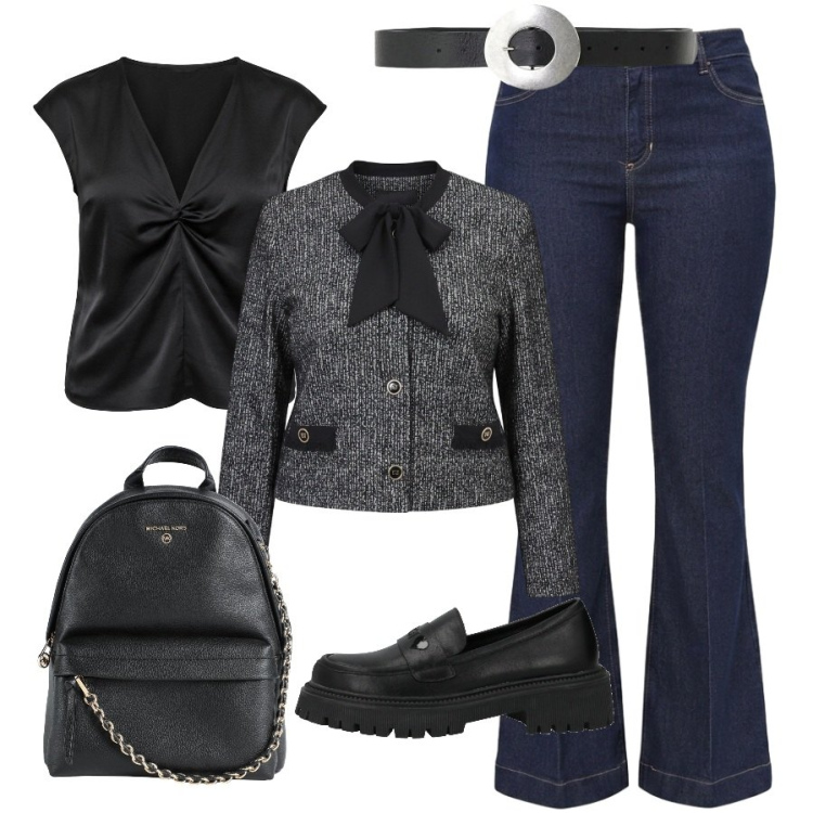 Outfit donna - Rock con fiocco. Stile Trendy per Ufficio. Abbinamento con canottiere, jeans a zampa, blazer, cinture, zaini, mocassini.