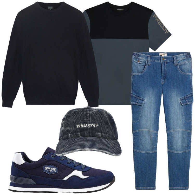 Outfit uomo - Total blue. Stile Casual per Tutti i giorni. Abbinamento con maglieria, t-shirt, cappelli con visiera, sneakers, jeans dritti.
