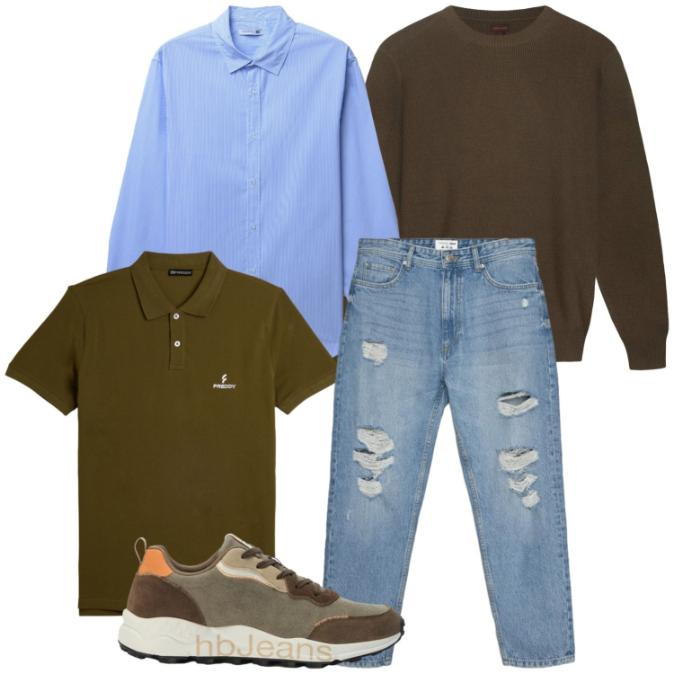 Outfit uomo - Jeans vissuti. Stile Trendy per Tutti i giorni. Abbinamento con sneakers, maglieria, polo, jeans strappati, camicie.