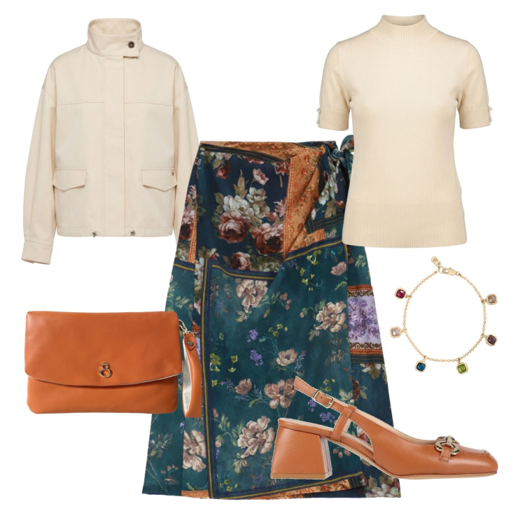 Outfit donna - Armonia tra gli opposti. Stile Trendy per Ufficio. Abbinamento con bomber, pochette, braccialetti, gonne longuette, t-shirt, décolleté.