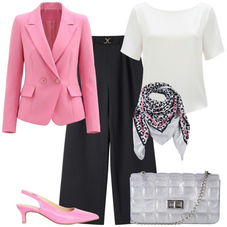 Outfit donna - La scarpa rosa. Stile Basic per Serata fuori. Abbinamento con décolleté, foulard, borse a tracolla, pantaloni, bluse, blazer.