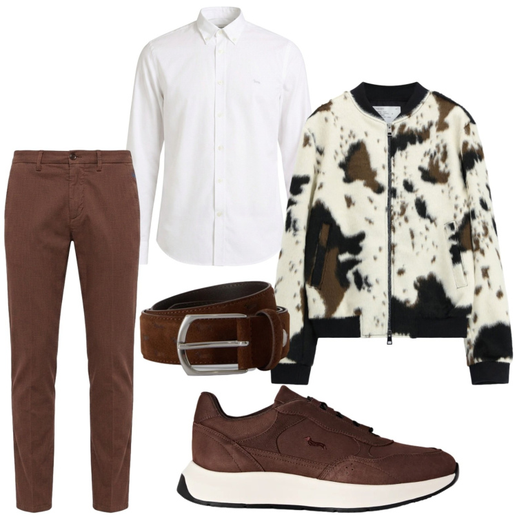 Outfit uomo - Giacca cow print. Stile Trendy per Tutti i giorni. Abbinamento con cinture, sneakers, camicie, pantaloni chino, bomber.