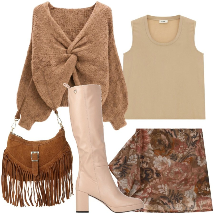 Outfit donna - Toni tenui in minigonna. Stile Romantica per Serata fuori. Abbinamento con borse a spalla, maglieria, minigonne, canottiere, stivali.