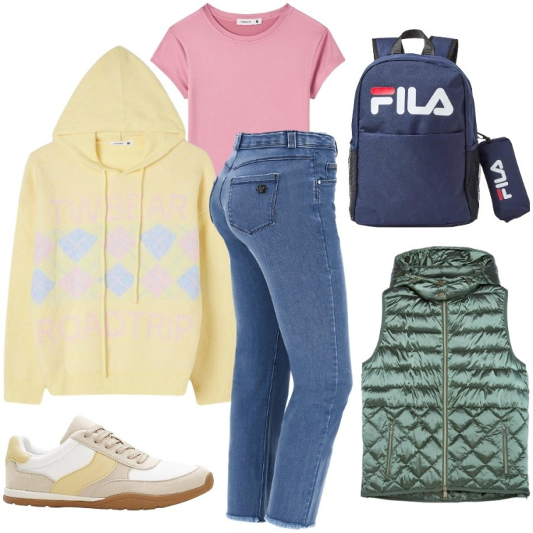 Outfit donna - Primi freddi. Stile Casual per Scuola/Università. Abbinamento con sneakers, zaini, maglieria, t-shirt, piumini, jeans.