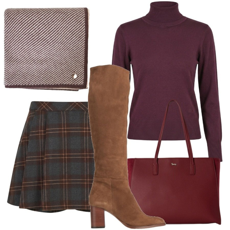 Outfit donna - Contrasti avvolgenti. Stile Romantica per Tutti i giorni. Abbinamento con shopping bag, minigonne, pullovers, sciarpe, stivali.