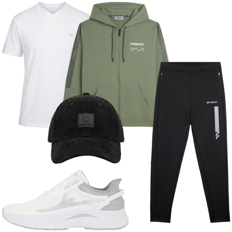 Outfit uomo - Sport time. Stile Casual per Tutti i giorni. Abbinamento con t-shirt, pantaloni, sneakers, felpe con cappuccio, cappelli con visiera.