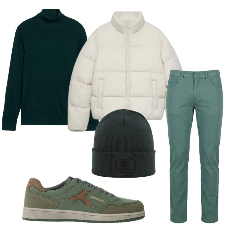 Outfit uomo - Toni naturali. Stile Trendy per Tutti i giorni. Abbinamento con pantaloni, sneakers, berretti, piumini, maglieria.