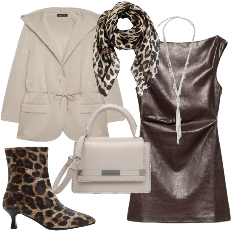 Outfit donna - Tocco Animalier. Stile Casual chic per Tutti i giorni. Abbinamento con stivaletti, foulard, vestiti a tubino, borse a tracolla, collane, felpe con cappuccio.