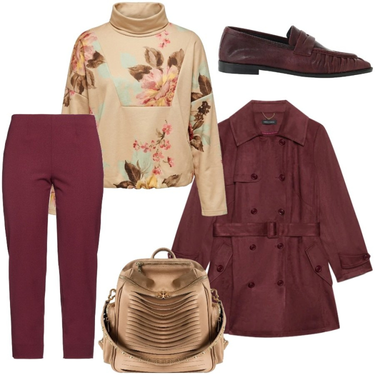 Outfit donna - Floreale urbano. Stile Casual chic per Tutti i giorni. Abbinamento con trench, zaini, mocassini, felpe, pantaloni.
