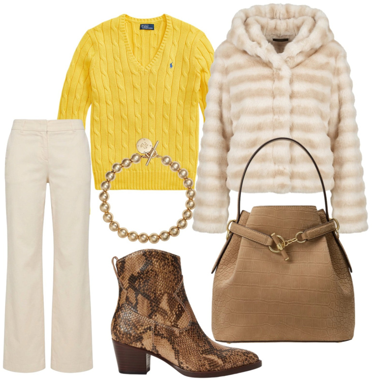 Outfit donna - Oroscopo La Bilancia. Stile Casual per Tutti i giorni. Abbinamento con pantaloni, blazer, maglieria, borse a secchiello, braccialetti, stivaletti.