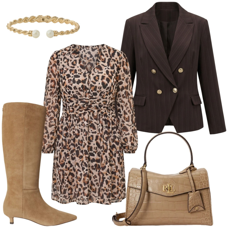 Outfit donna - Oroscopo La Bilancia. Stile Casual per Ufficio. Abbinamento con vestiti corti, blazer, borse a mano, stivali, braccialetti.
