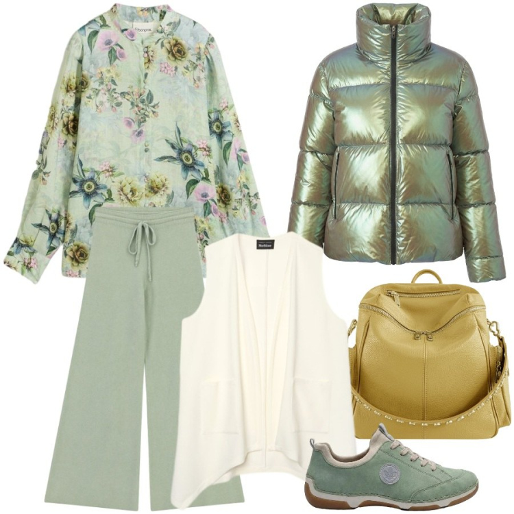 Outfit donna - Salvia in tutte le sfumature. Stile Casual chic per Scuola/Università. Abbinamento con bluse, sneakers, pantaloni a palazzo, gilet, piumini, zaini.