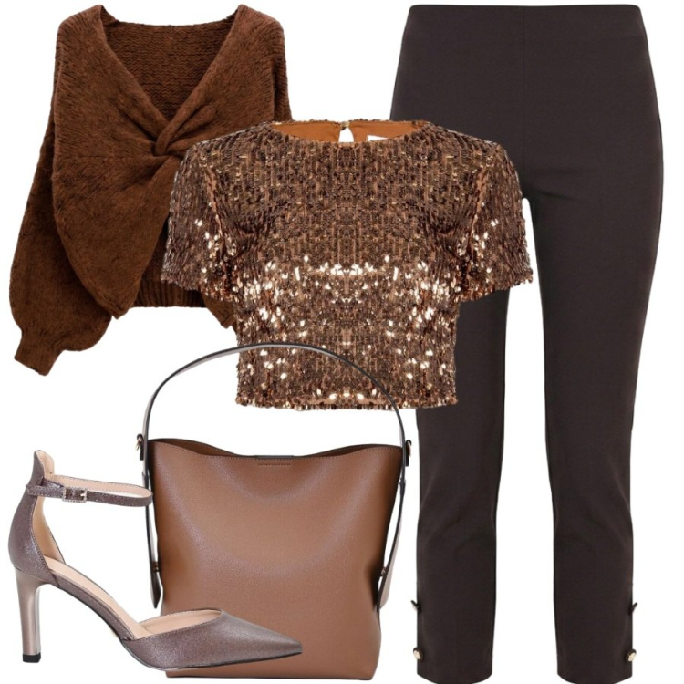 Outfit donna - Brillante di sera. Stile Sporty chic per Serata fuori. Abbinamento con maglieria, pantaloni capri, décolleté, borse a mano, top.