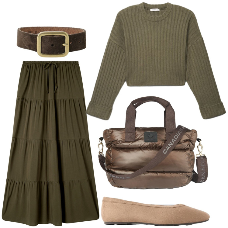 Outfit donna - Maglieria Leggera e Gonne Midi. Stile Etnico per Tutti i giorni. Abbinamento con ballerine, gonne lunghe, maglieria, braccialetti, borse a tracolla.