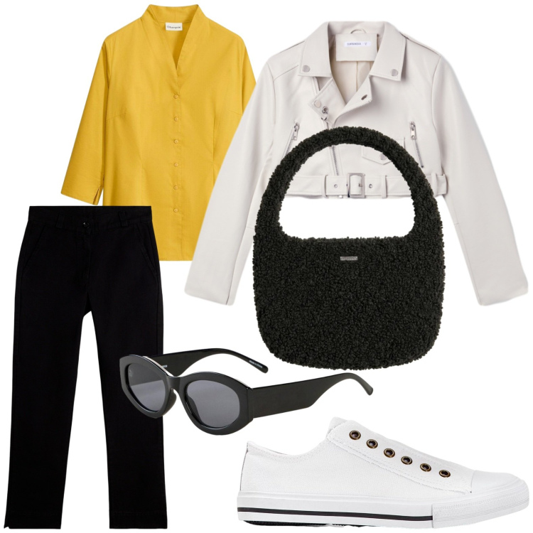 Outfit donna - Sneakers mania. Stile Glamour per Tutti i giorni. Abbinamento con pantaloni, borse a mano, giacche, sneakers, occhiali da sole, camicie.