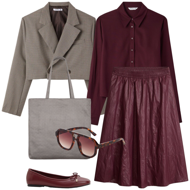 Outfit donna - Ufficio. Stile Casual chic per Ufficio. Abbinamento con camicie, blazer, shopping bag, gonne, ballerine, occhiali da sole.