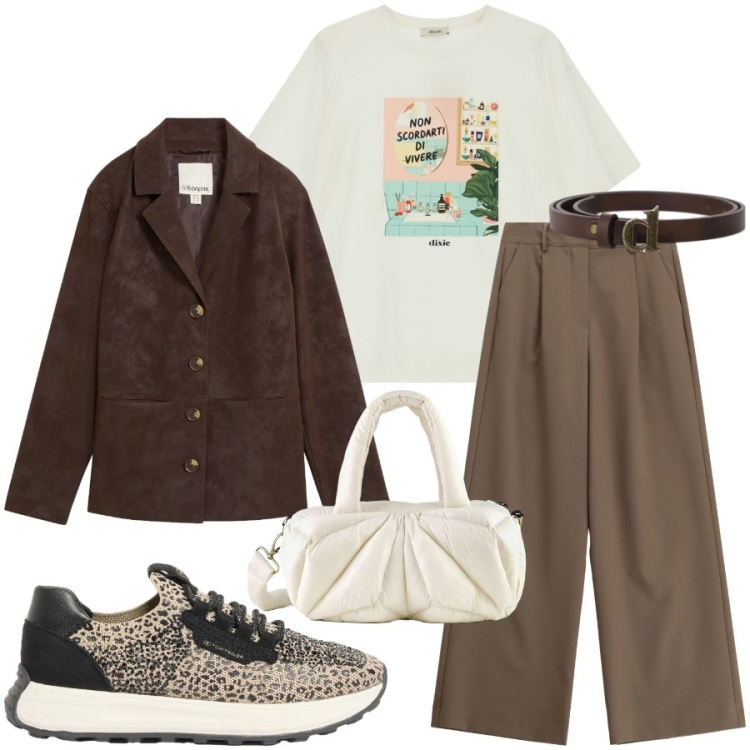 Outfit donna - Total look #2480170. Stile Urban per Tutti i giorni. Abbinamento con sneakers, blazer, pantaloni a palazzo, cinture, t-shirt, borse a mano.