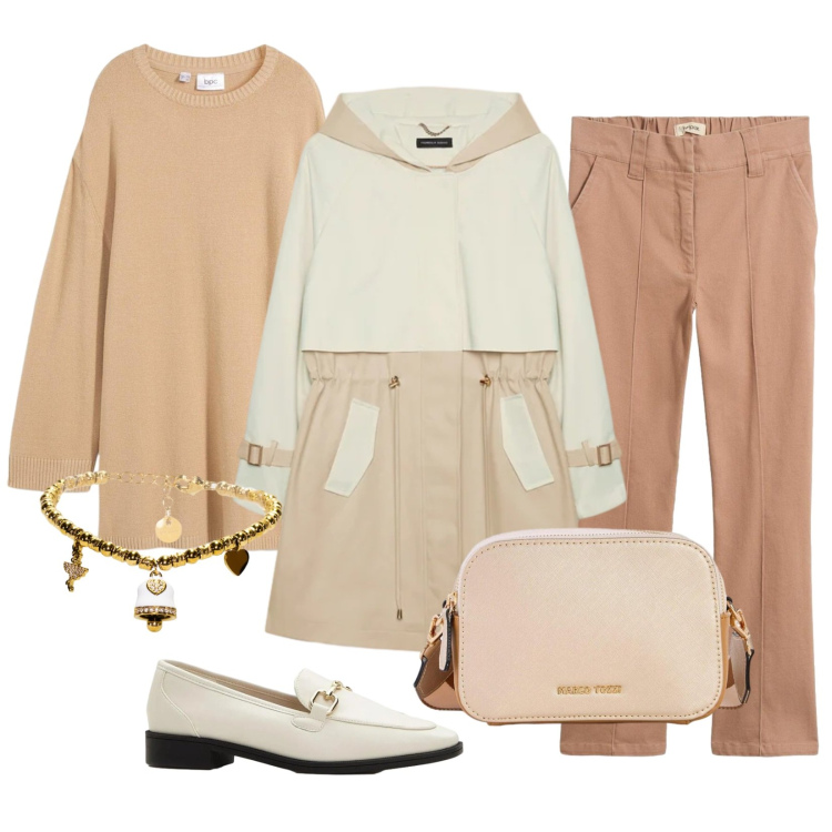 Outfit donna - Il trench bicolore. Stile Casual chic per Tutti i giorni. Abbinamento con trench, braccialetti, mocassini, pantaloni, maglieria, borse a tracolla.