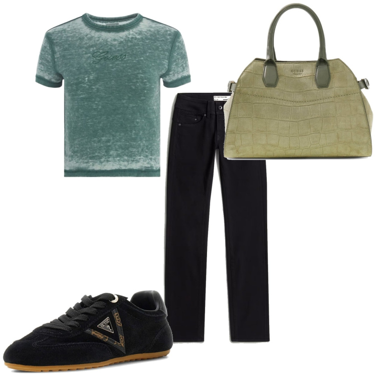 Outfit mujer - Urban style. Estilo Urban para Todos los días. Combinación con sneakers, vaqueros rectos, maletines, camiseta.