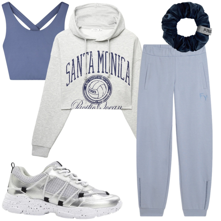 Outfit donna - Camminata veloce. Stile Sporty chic per Sport. Abbinamento con pantaloni, accessori per capelli, felpe con cappuccio, top sportivi, sneakers.