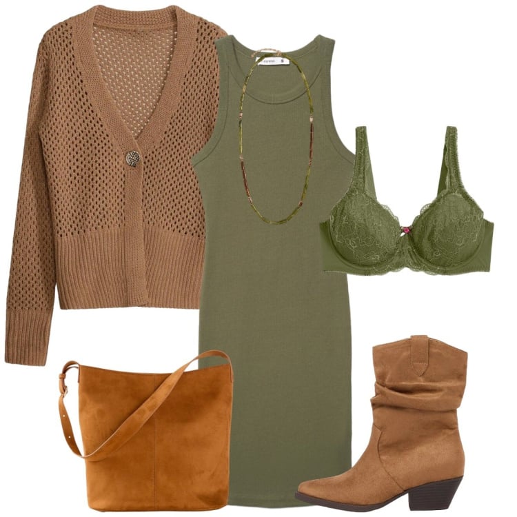 Outfit donna - L'abito smanicato. Stile Basic per Tutti i giorni. Abbinamento con collane, vestiti midi/longuette, stivaletti texani, cardigans, borse a mano, reggiseni.