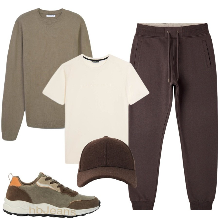 Outfit uomo - Tempo libero. Stile Casual per Sport. Abbinamento con sneakers, t-shirt, pantaloni, maglieria, cappelli con visiera.